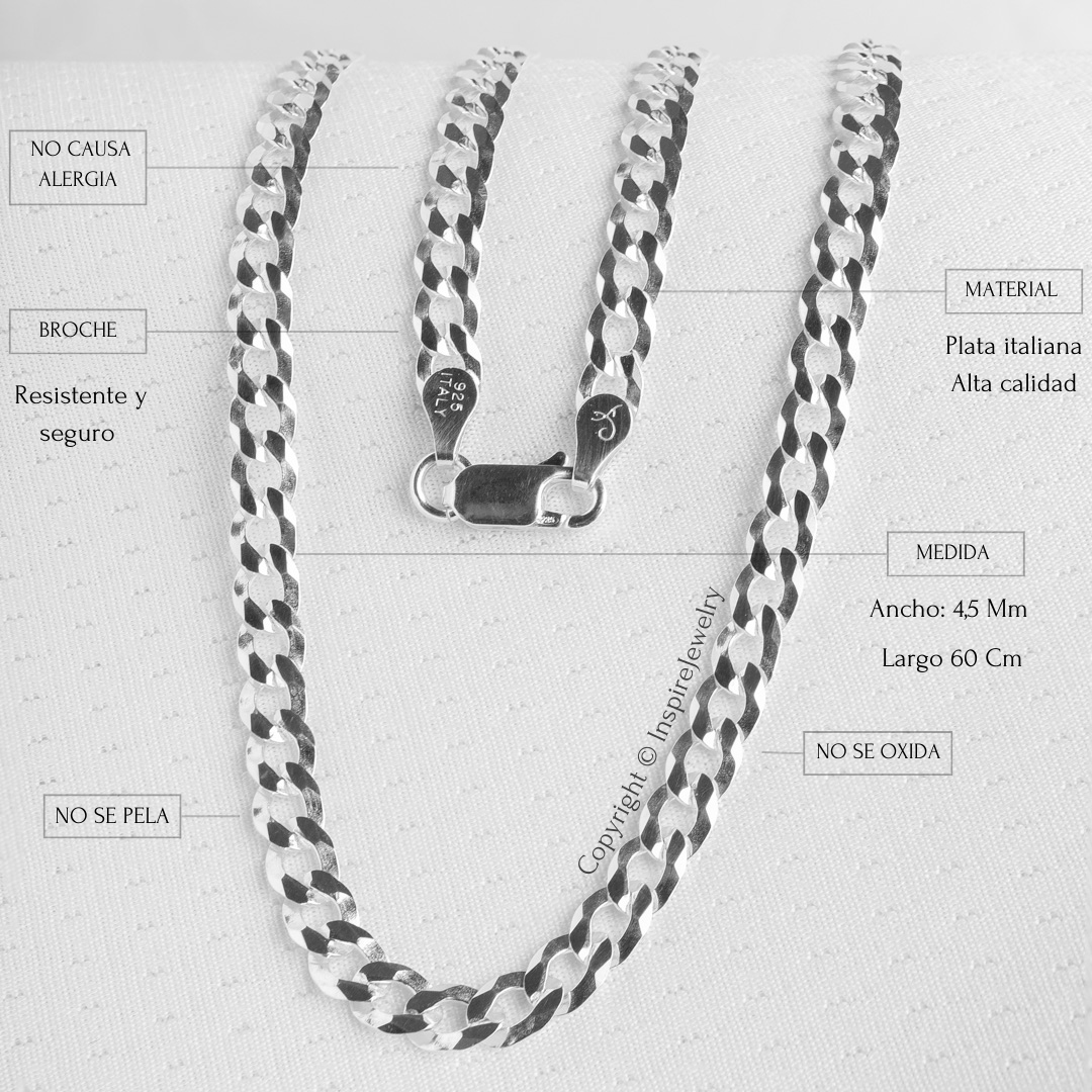 Cadena Para Hombre Tejido Cubano Grueso 60 Cm Plata 925